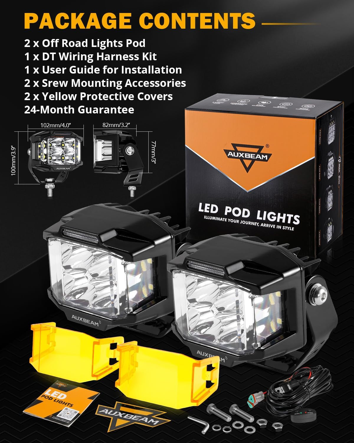 Auxbeam 4 Inch LED Pod Lights, 92W V-MAX Series Square Offroad Driving Lights with Amber DRL, 270° Spot Flood Combo Beam Side Shooter Cube Work Auxiliary Lights with Yellow Cover for Truck SUV ATV UTV