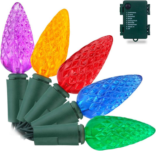 C6 Christmas String Lights with Built-In Timer - 50 LED 18Ft Faceted Bulb Battery String Lights - Fairy Lighting for Garden Bedroom House Wreath Xmas Christmas Tree Decorations - Multi Color