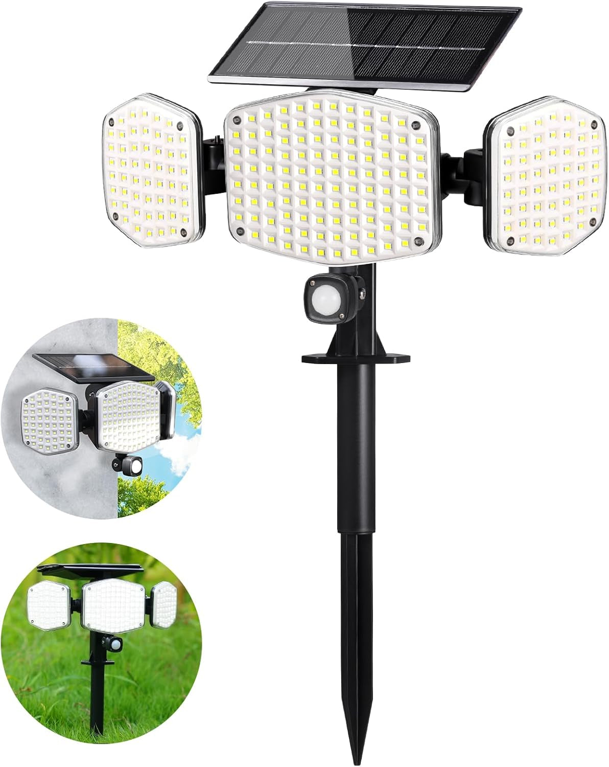 Solar Motion Sensor Outdoor Lights with Stakes, 208 LED Super Bright IP65 Waterproof 3 Heads Solar Powered Security Flood Lights for Outside