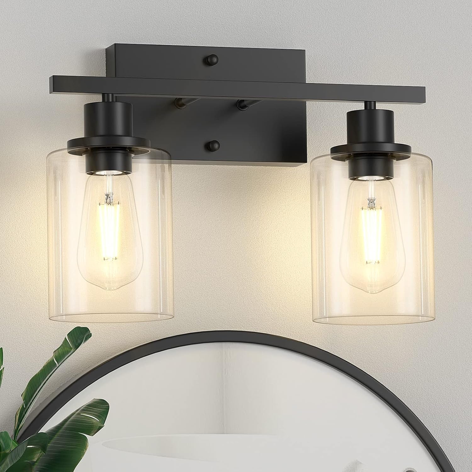 Asnxcju 2-Light Black Bathroom Light Fixture, Vanity Light over Mirror with Clear Glass Shade, Bathroom Wall Sconces Lighting for Bedroom, Living Room, Hallway, E26 Base (Bulbs Not Included)