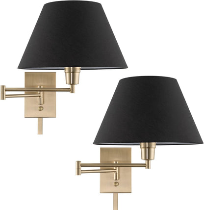 Kira Home Cambridge 15" Swing Arm Wall Lamp - Plug In/Wall Mount + Golden Bronze Fabric Shade, 150W 3-Way, Black Finish, 2-Pack