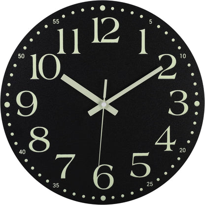 Jofomp Wooden Glow in the Dark Clock, 12 Inch Silent Non-Ticking Battery Operated Clock, Energy-Absorbing Luminous Numerals and Hands, Lighted Wall Clock Decoration