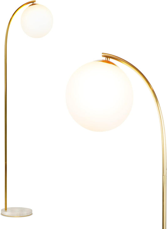 Brightech Luna Drop LED Floor Lamp, Frosted Glass Globe Arcing Living Room Lamp, Mid-Century Modern Standing Lamp for Living Rooms, Boho Rustic Indoor Tall Lamp for Bedrooms & Offices - Brass
