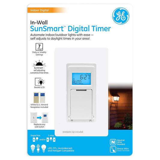 GE Sunsmart Digital In-Wall Timer, Daily On/Off Times, Programmable Settings, Sunset/Sunrise Presets, Vacation Security, White & Almond, Lights, Fans, Heaters, Timer Switch, Light Switch Timer, 32787