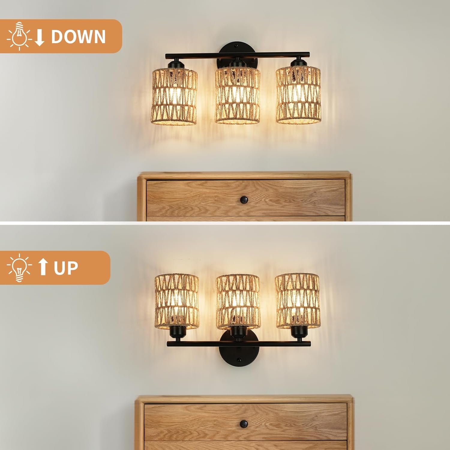 Frideko 3-Light Bathroom Vanity Light Fixtures, Modern Rattan Bathroom Lighting Fixtures over Mirror, Boho Wall Sconces with Woven Lampshade, Black Wall Lamp for Farmhouse Living Room Bedroom