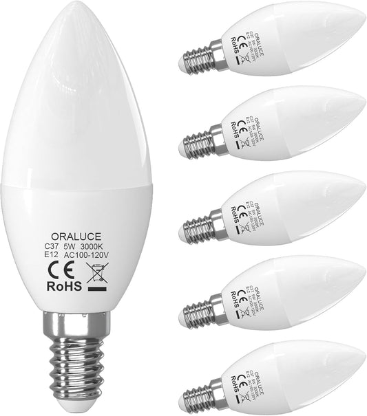 ORALUCE E12 LED Candelabra Light Bulbs - 40 Watt Equivalent, 3000K Warm White Chandelier Non-Dimmable, Type B Light Bulb for Ceiling Fan, 5W 450LM 6 Pack
