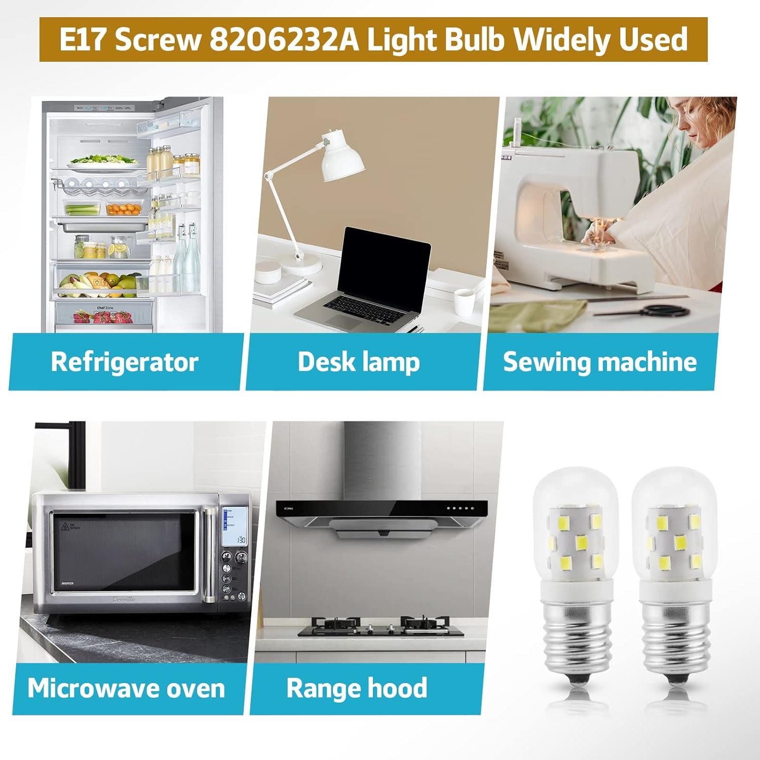 LED 8206232A Microwave Light Bulb (2 Pack) E17 LED Bulbs Replacement 8206232A Whrilpool Microwave 40W Light Bulb - 360LM Daylight White 6000K for Refrigerator Stove Range Hood