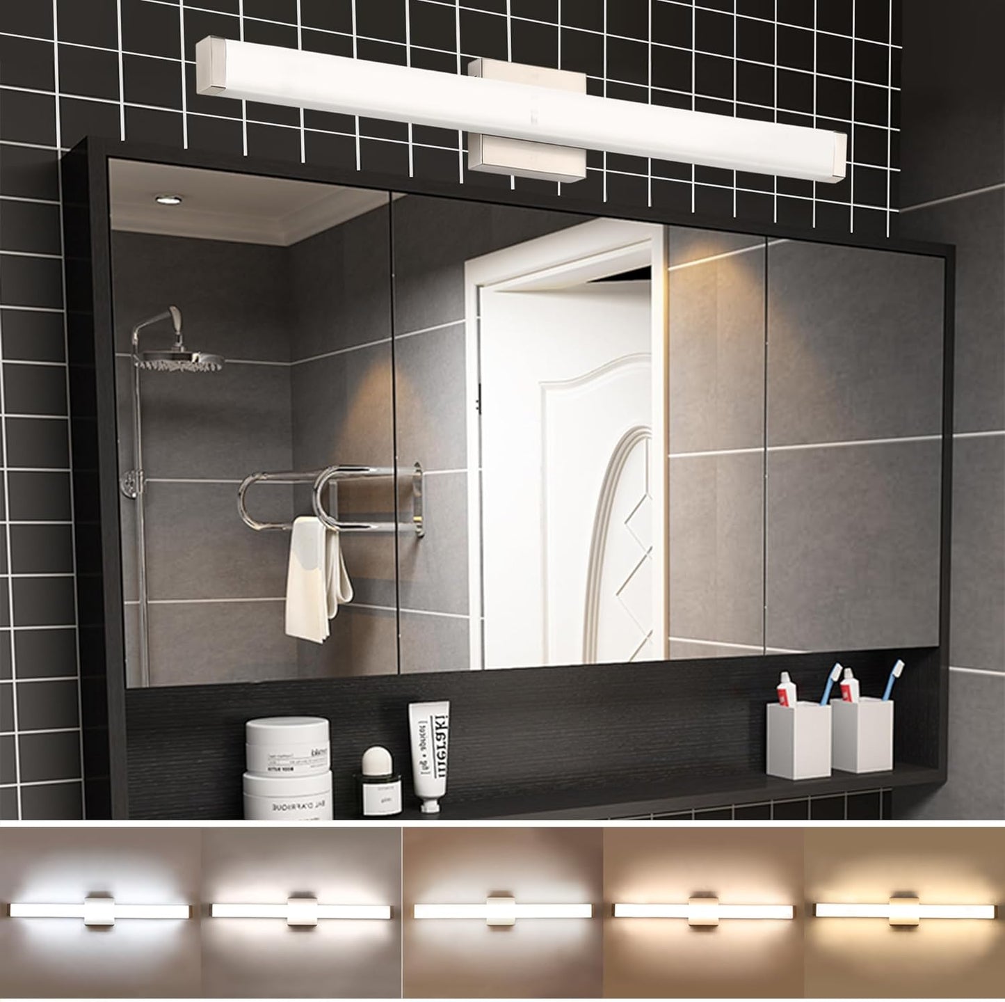 Bathroom Vanity Light Brushed Nickel Square LED 24 Inch 14W 4000K Natural White Light Wall Bar Lighting Fixtures over Mirror (Matte Black, 24In)