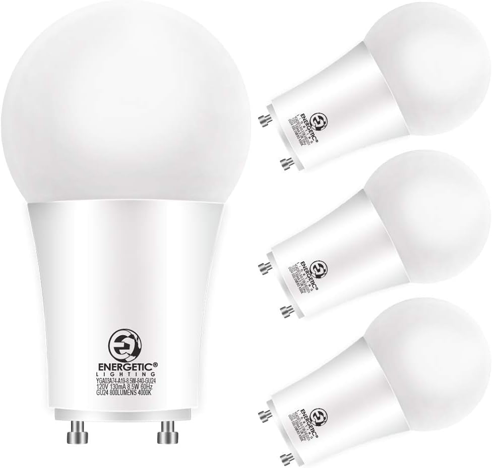 Energetic LED GU24 Light Bulbs, A19 Shape, 60 Watt Equivalent (8.5W), 2700K Soft White, 800 Lumens, Non-Dimmable, 2 Prong Twist and Lock Base, UL Listed, 4 Pack