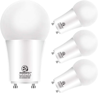 Energetic LED GU24 Light Bulbs, A19 Shape, 60 Watt Equivalent (8.5W), 2700K Soft White, 800 Lumens, Non-Dimmable, 2 Prong Twist and Lock Base, UL Listed, 4 Pack