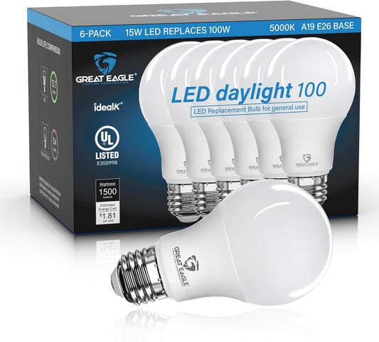 Great Eagle 100 Watt Light Bulb, A19 LED Light Bulbs 100 Watt Equivalent, UL Listed 5000K LED Light Bulbs, Non-Dimmable Daylight Light Bulbs (6 Pack)