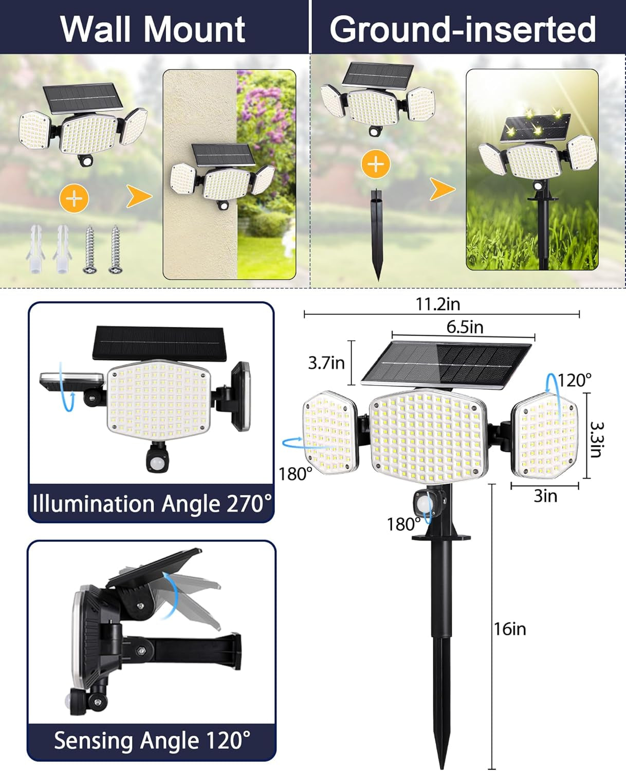 Solar Motion Sensor Outdoor Lights with Stakes, 208 LED Super Bright IP65 Waterproof 3 Heads Solar Powered Security Flood Lights for Outside