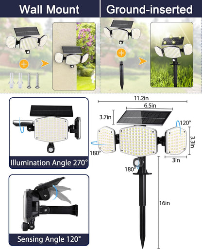 Solar Motion Sensor Outdoor Lights with Stakes, 208 LED Super Bright IP65 Waterproof 3 Heads Solar Powered Security Flood Lights for Outside