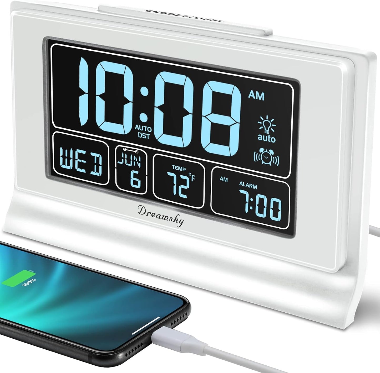 Dreamsky Alarm Clocks for Bedrooms with Battery Backup, Auto Set Digital Clock with Date and Day of Week, Temperature, USB Port, Auto DST, Dimmer, 12/24H
