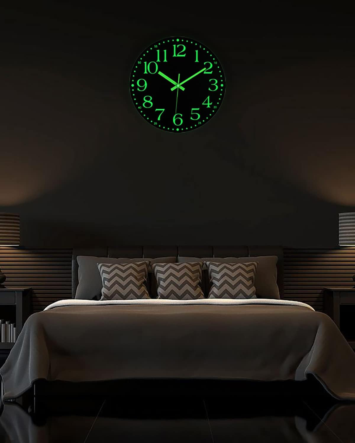 Jofomp Wooden Glow in the Dark Clock, 12 Inch Silent Non-Ticking Battery Operated Clock, Energy-Absorbing Luminous Numerals and Hands, Lighted Wall Clock Decoration