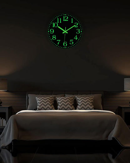 Jofomp Wooden Glow in the Dark Clock, 12 Inch Silent Non-Ticking Battery Operated Clock, Energy-Absorbing Luminous Numerals and Hands, Lighted Wall Clock Decoration
