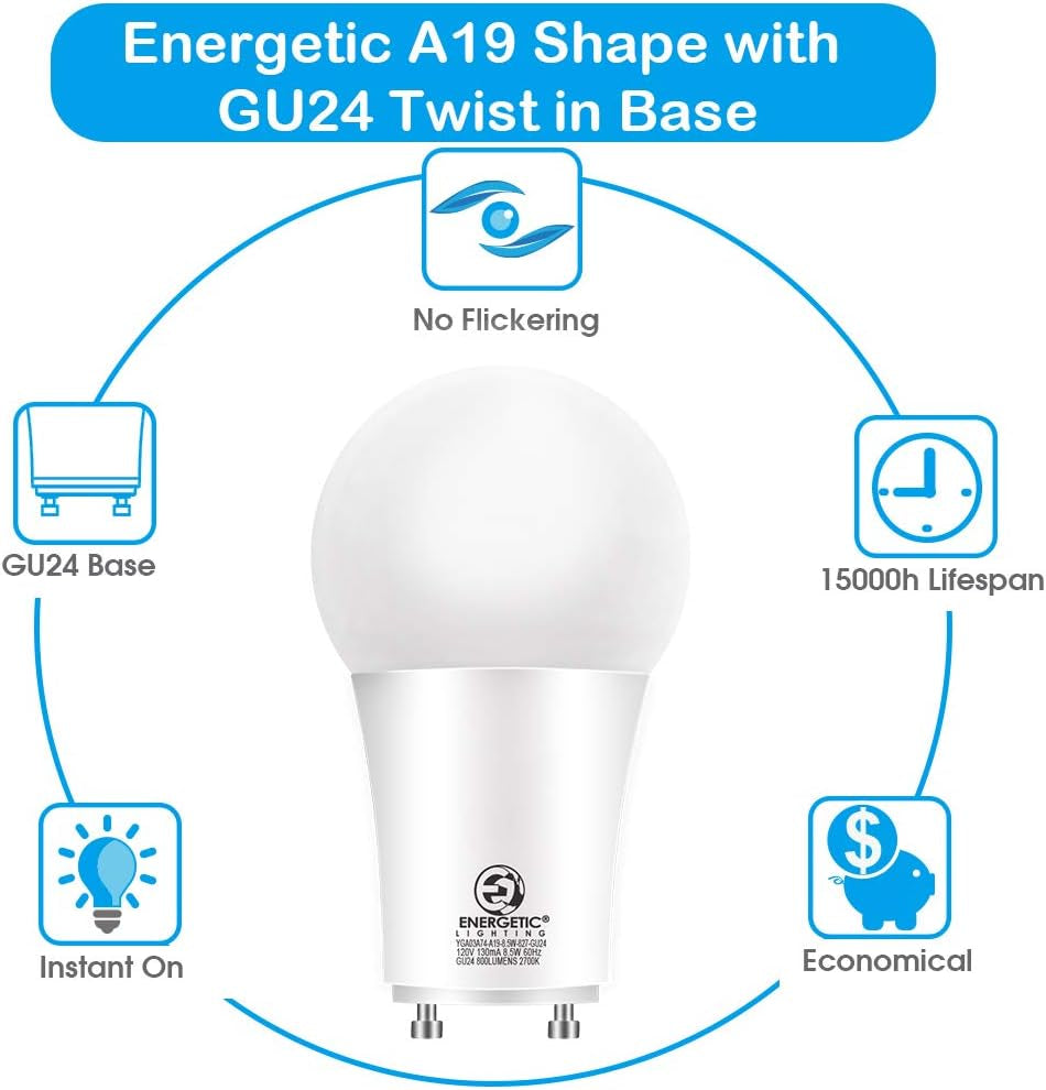 Energetic LED GU24 Light Bulbs, A19 Shape, 60 Watt Equivalent (8.5W), 2700K Soft White, 800 Lumens, Non-Dimmable, 2 Prong Twist and Lock Base, UL Listed, 4 Pack