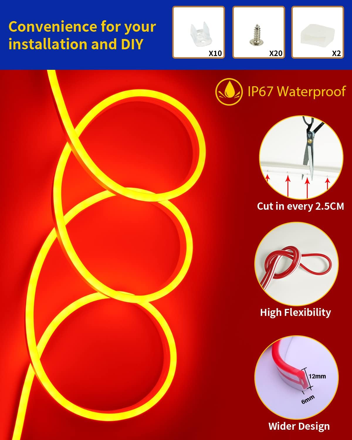 Orange Neon LED Strip Light, DC 12V 600 SMD2835 LED Neon Rope Lights,Upgraded 16.4Ft/5M Led Light Strips Flexible Waterproof for Indoor/Outdoors Home Decoration/Diy