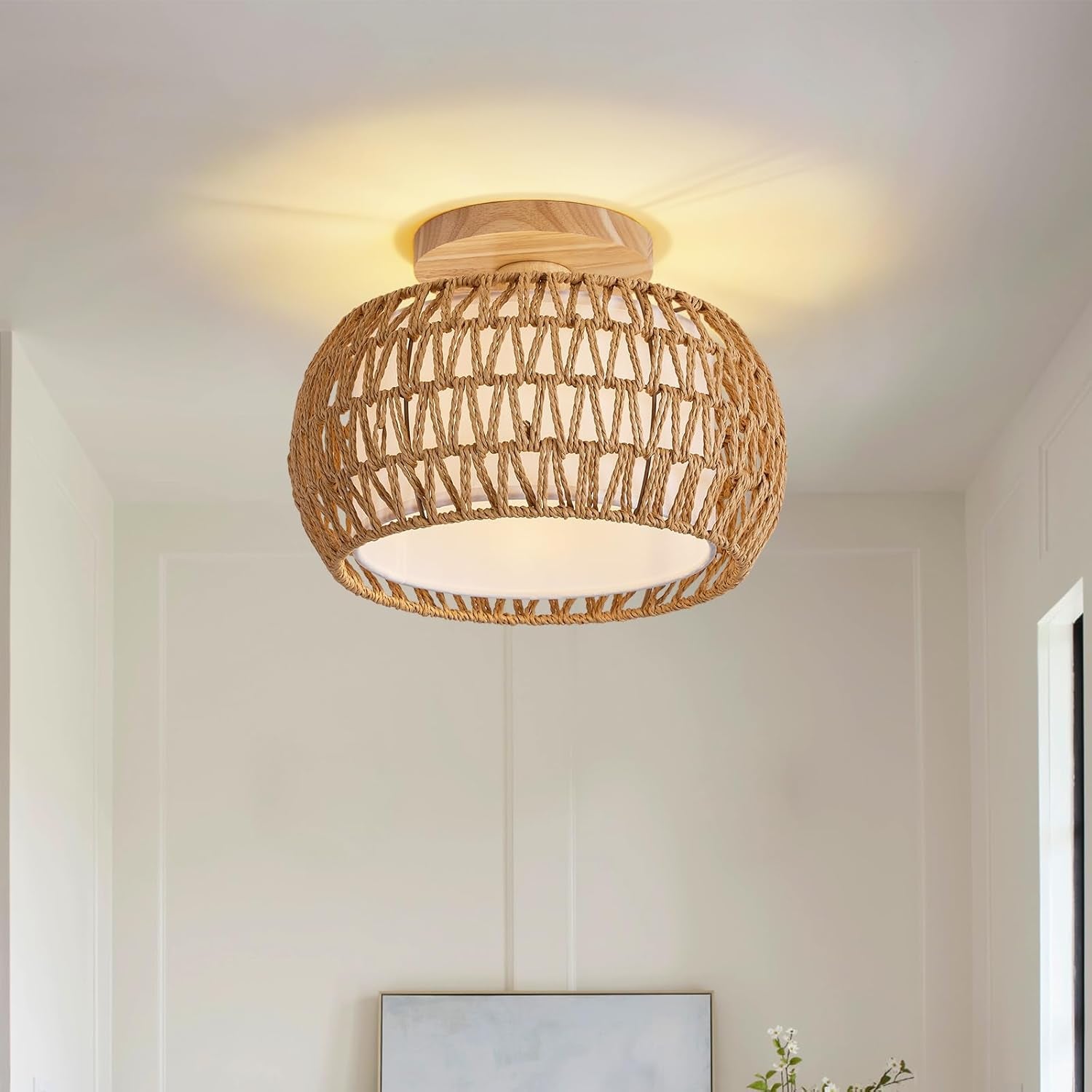 Rattan Ceiling Light Fixture，3 Style Options Boho Flush Mount Ceiling Lights, Hand-Woven Rattan Chandelier,Mini Bohemian Wicker Light Fixtures, Farmhouse Light Fixture for Bedroom Hallway Entryway