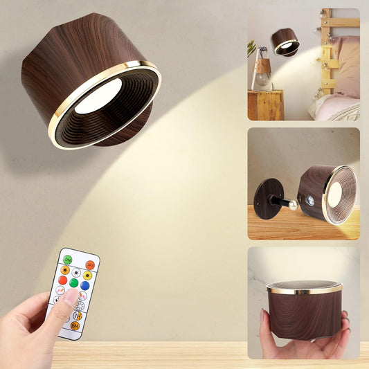 Battery Operated Wall Sconce, LED Rechargeable Wireless Wall Lights 3 White & 13 RGB Stepless Dimmable, 360°Rotate Magnetic Ball for Reading in Bed (Walnut Wood, 1PCS)