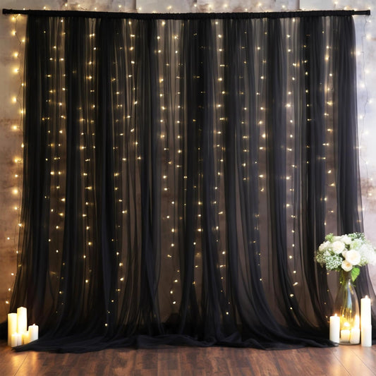 10X10Ft Black Tulle Backdrop Curtain with Lights String for Parites, Sheer Photo Backdrop Curtains with Lights for Wedding Backdrop Ceremony Reception Bridal Shower Baby Shower Birthday Party