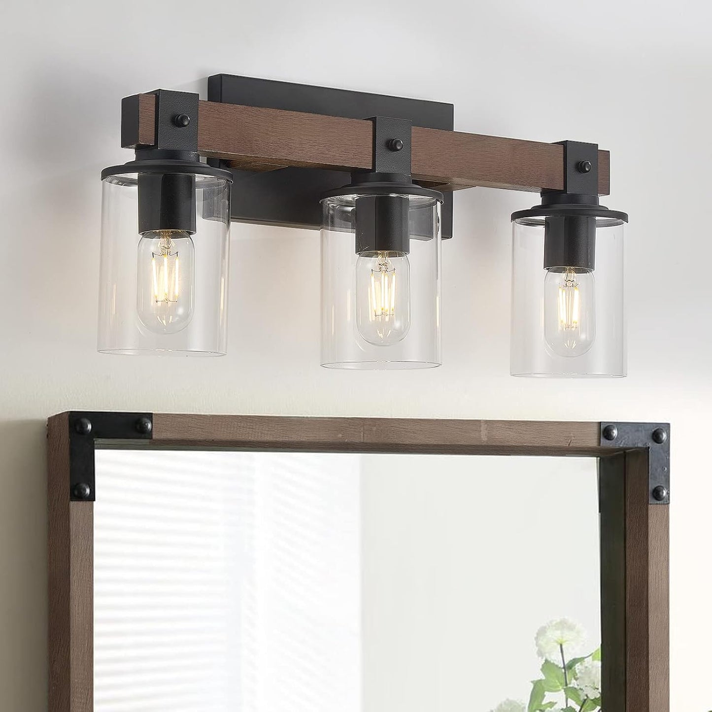 DUJAHMLAND Farmhouse Vanity Light Fixture,3-Light Bathroom Wood Wall Light over Mirror with Clear Glass Shade, Rustic Vintage Wall Sconce Lighting.(Antique Wood, 3-Light)