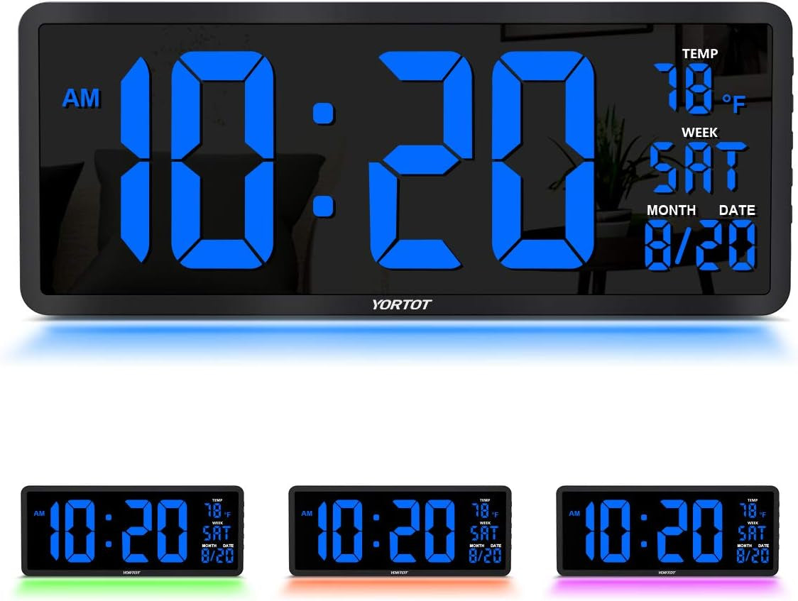 YORTOT 16” Large Digital Wall Clock with Remote Control - Adjustable Dimmer, 7 Color Night Lights, Big LED Clock with Indoor Temperature, Date, Auto DST, 12/24Hour, Wall Mount/Foldable Stand