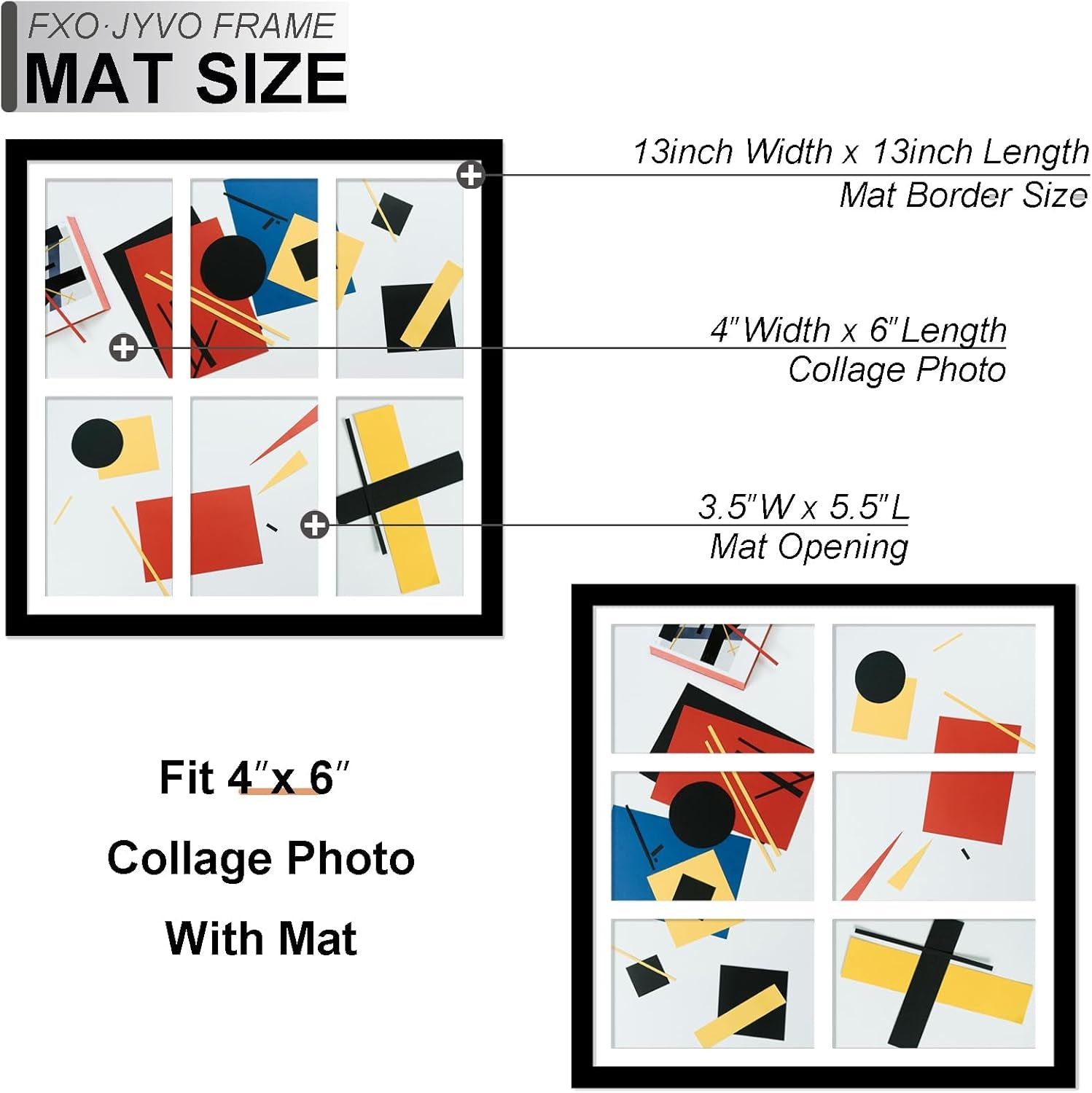 4X6 Picture Frame Collage, Display 6 4X6 Picture Collage or 13X13 Photo Only without Mat, Light Weight and High Transparent Frame for Wall - 1 Pack/Black/6-Openings