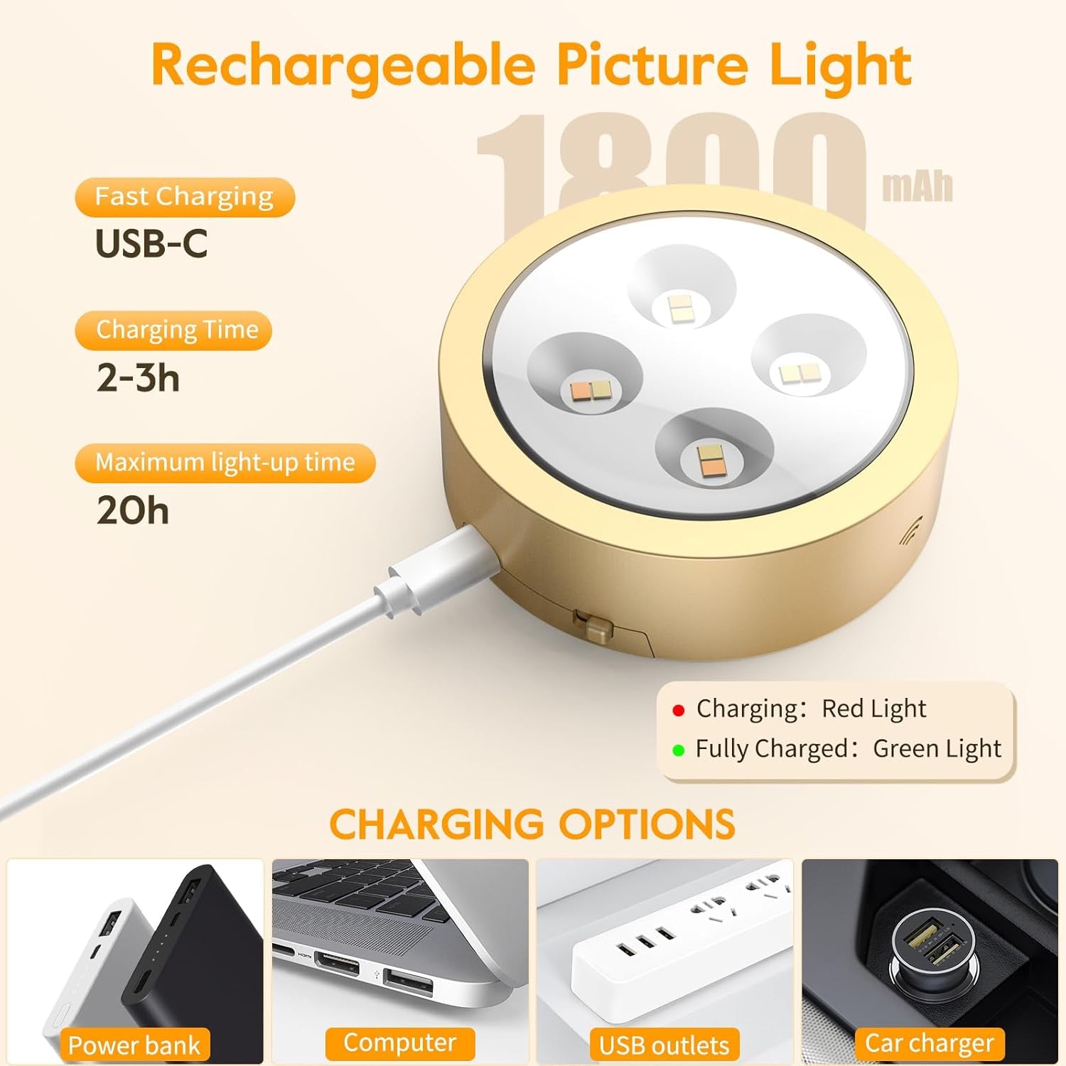 Brightown 2-Pack Picture Lights for Wall,Rechargeable Battery Operated Painting Light Magnetic Art Display Light with Remote, Puck Lights, Dimmable & Timer Art Lighting for Paintings Wireless,Gold