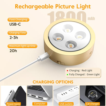Brightown 2-Pack Picture Lights for Wall,Rechargeable Battery Operated Painting Light Magnetic Art Display Light with Remote, Puck Lights, Dimmable & Timer Art Lighting for Paintings Wireless,Gold