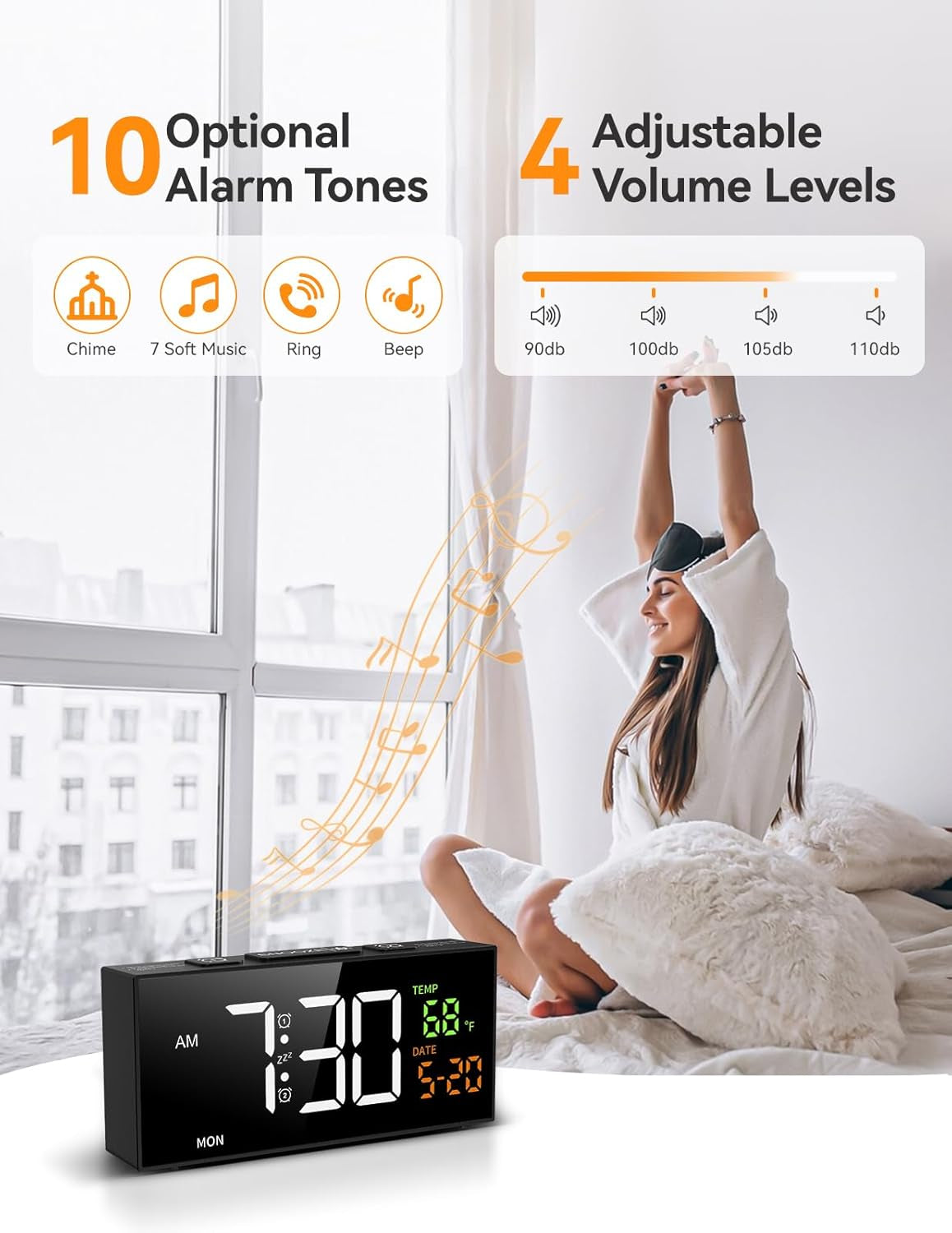 Netzu Alarm Clocks for Bedrooms, Digital Clock with Date Temperature and Weekday, Manual DST, Snooze, 2 Alarms, 4 Volumes for Living Room Home Bedside Desk (Black)